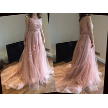 Princess Scoop Neck Court Train Tulle Lace Prom Dress with Beading